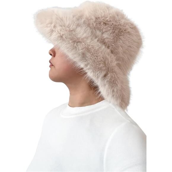 Oversized Winter Faux Fur Bucket Hat for Women Beige - Picture 3 of 5